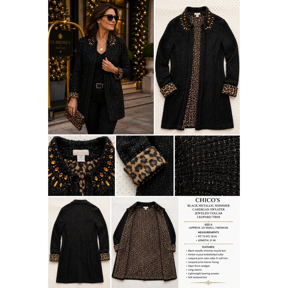 Chico's Size 0 Black Metallic Shimmer Cardigan Sweater Jeweled Collar Leopard